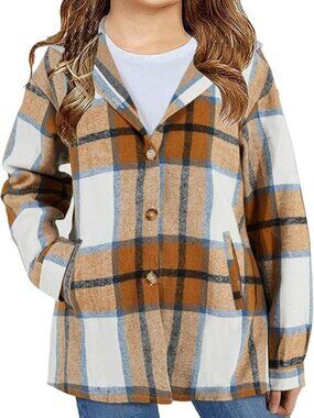 Brown Plaid Flannel Hooded Jacket Button Down Shirt Top